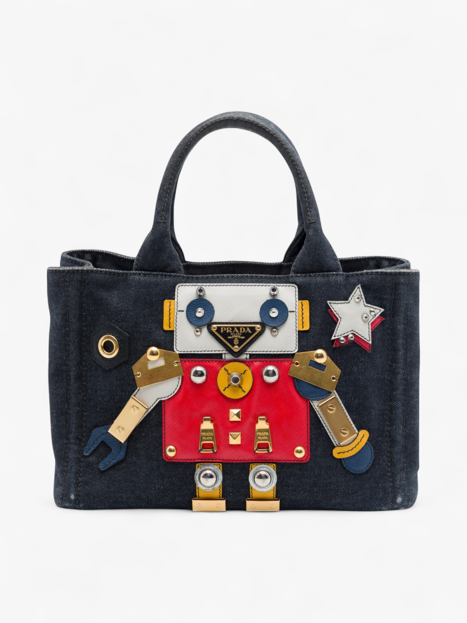 Prada Small Saffiano Trimmed Denim Canapa Robot Satchel – ReLuxe Room Prada Small Saffiano Trimmed Denim Canapa Robot Satchel – ReLuxe Room