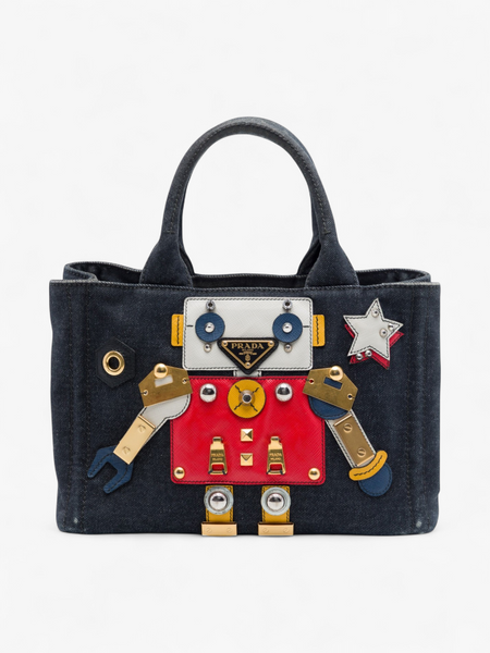 PRADA デニム デニムバッグ Prada Small Saffiano Trimmed Denim Canapa Robot Satchel – ReLuxe Room